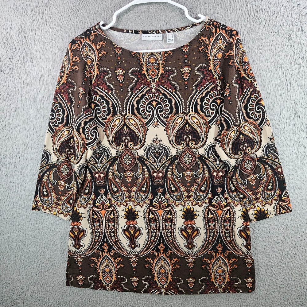 Susan Graver Liquid Knit Paisley‎ Rhinestone Top Brown Orange 3/4 Sleeve Small